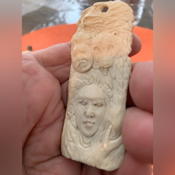 Jewelry - Carved Ivory Monmouth Tusks Pendant with Faces and Animals